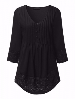 Pleated Lace Patchwork Three Quarter Sleeve Blouse