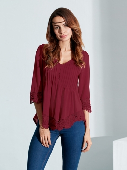 Pleated Lace Patchwork Three Quarter Sleeve Blouse