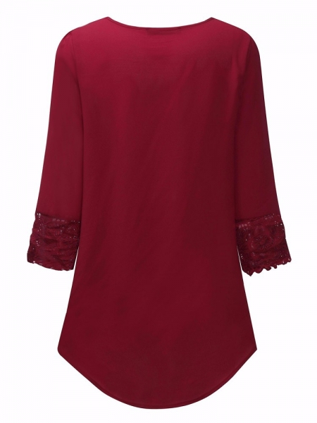 Pleated Lace Patchwork Three Quarter Sleeve Blouse