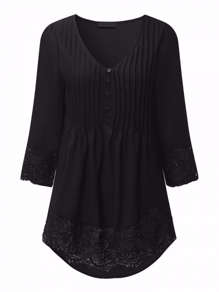 Pleated Lace Patchwork Three Quarter Sleeve Blouse