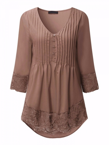 Pleated Lace Patchwork Three Quarter Sleeve Blouse